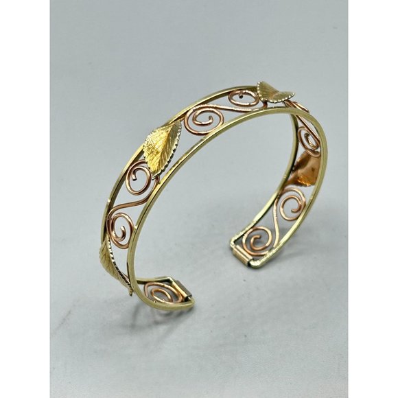 Vintage Signed KREMENTZ Art Deco Design Leaf Swirls Rolled Gold Cuff Bracelet - Picture 4 of 7